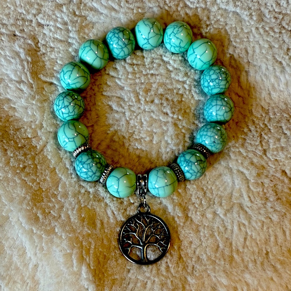 Turquoise Beaded Bracelet with Silver Tree Charm